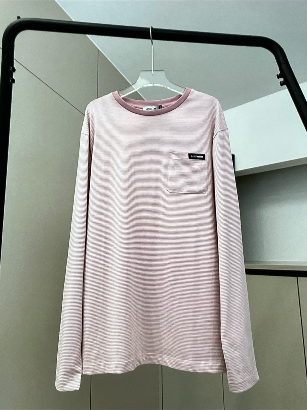 Miu Miu Men's Long-Sleeve Pocket Tee in Light Pink